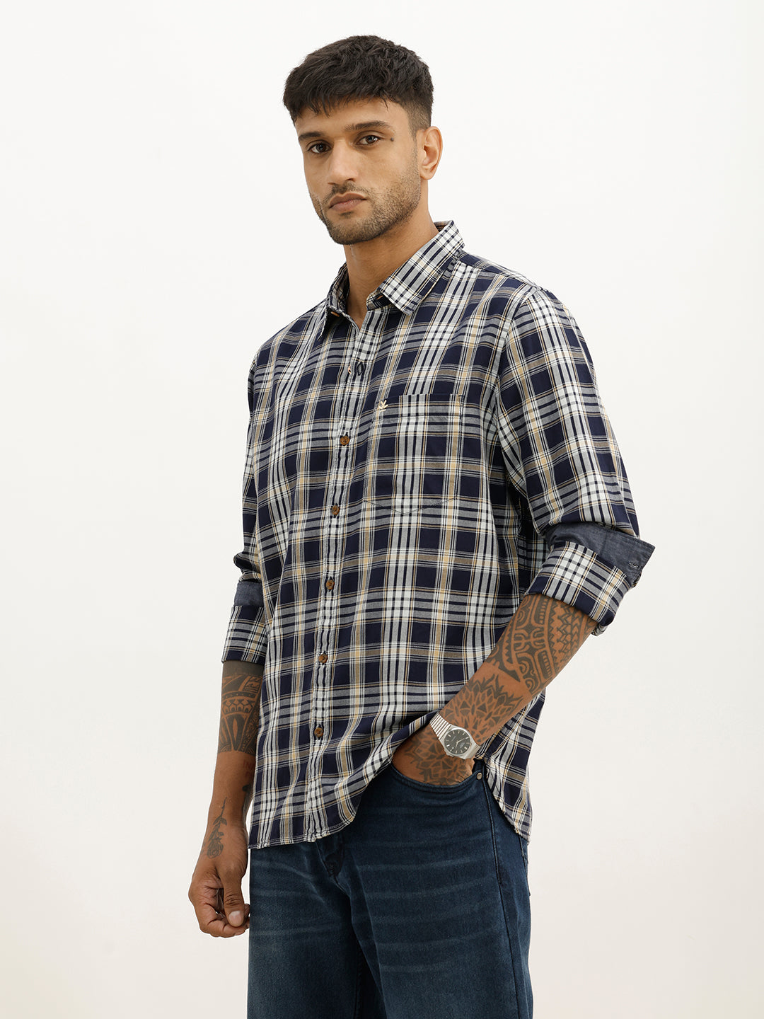 Classic Slim Fit Checkered Shirt | Navy Blue