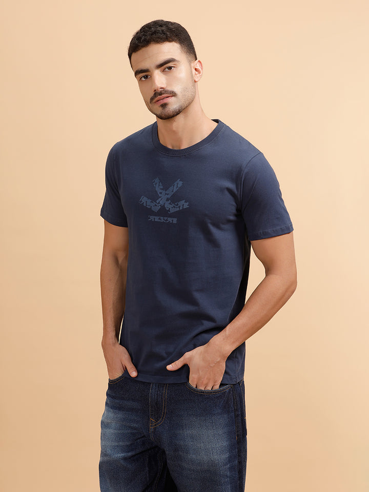 Tonal Logo Printed Slim Fit T-Shirt | Navy