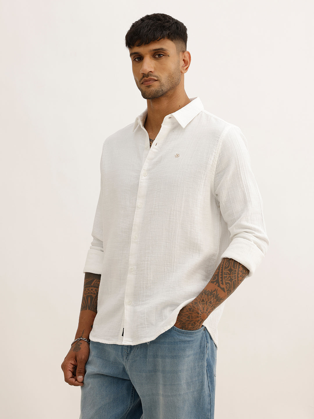Solid Slim Fit Textured Full Sleeve Shirt | White