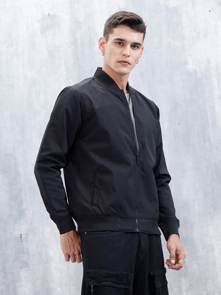 Men's Solid Casual Regular Fit Bomber Jacket | Black