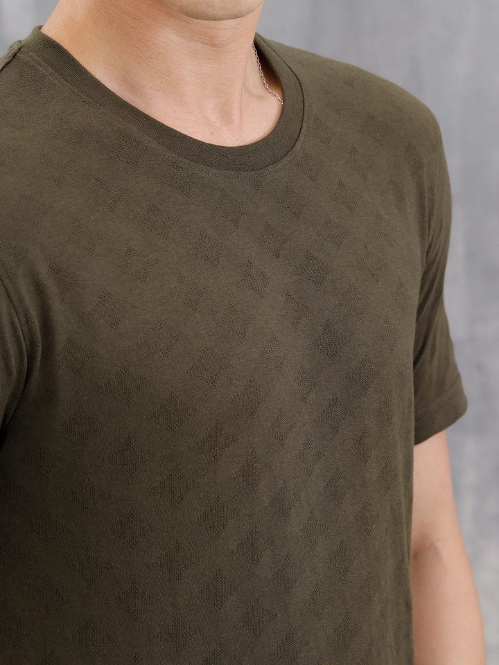 Geometric Jacquard Slim Fit Cotton Blend T-Shirt  |  Olive