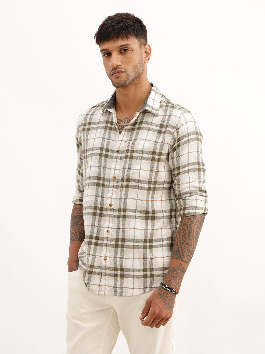 Slim Fit Checkered Full Sleeve Shirt | Olive