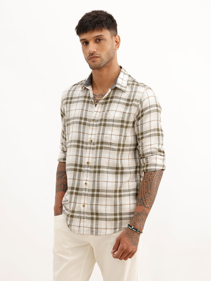Slim Fit Checkered Full Sleeve Shirt | Olive