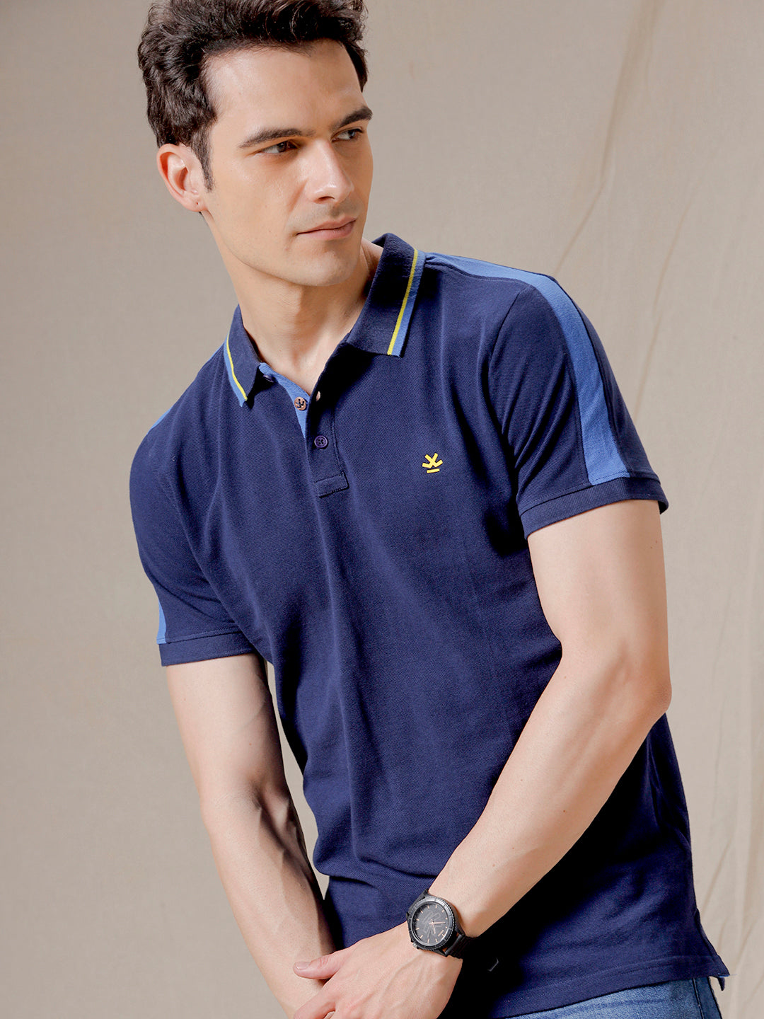 Striped Shoulder Navy Blue T-Shirt