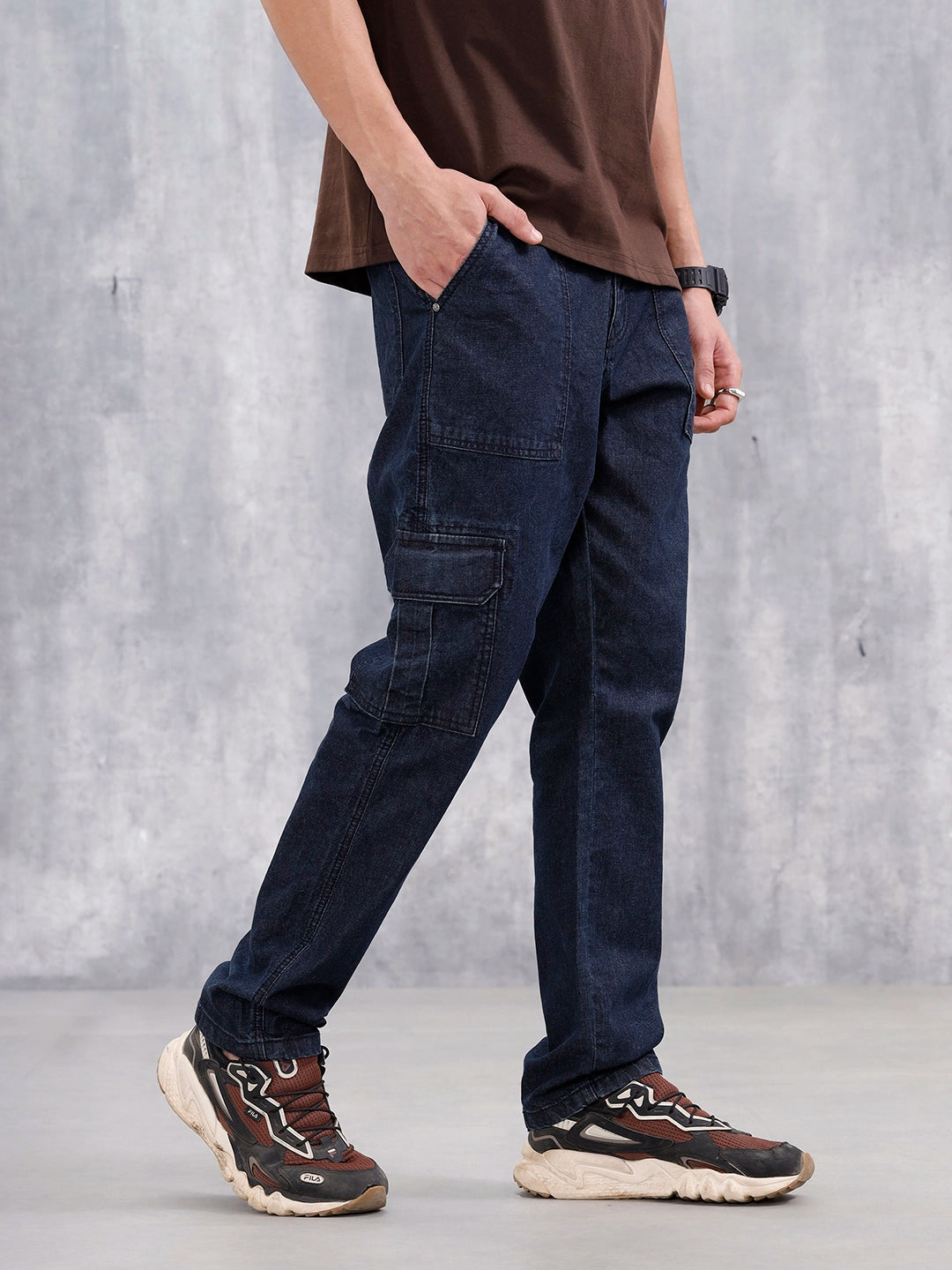 Washed Utility Cargo Jeans For Men | Dark Blue