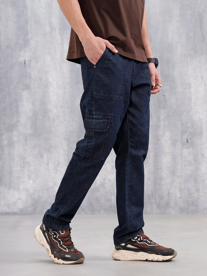 Washed Utility Cargo Jeans For Men | Dark Blue