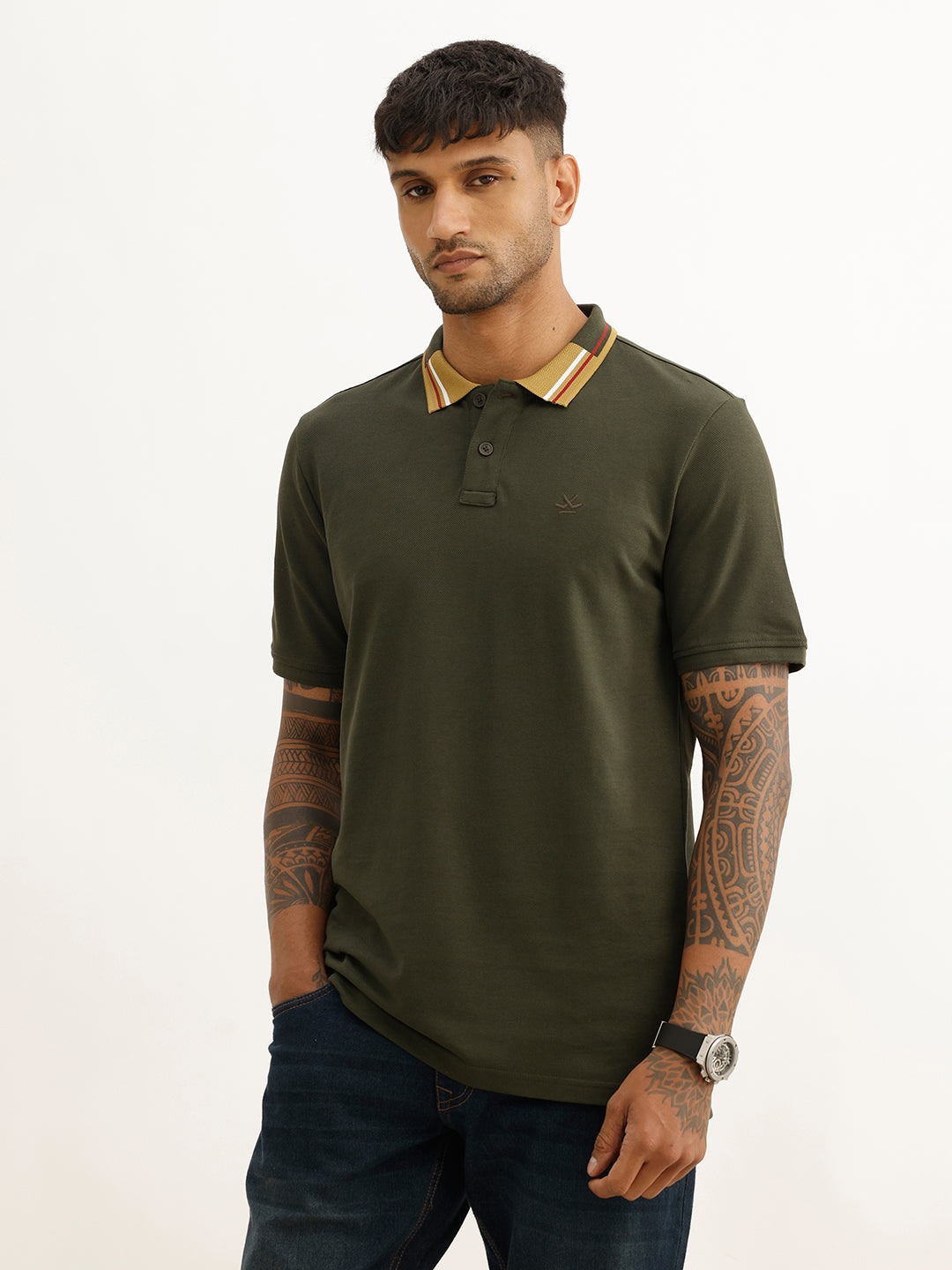 Classic Contrast Collar Polo T-Shirt | Olive