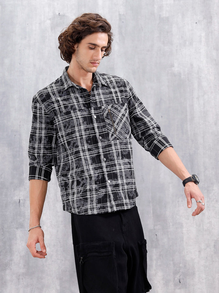 Wash Printed Overshirt With Chenille Yarn Check | Black