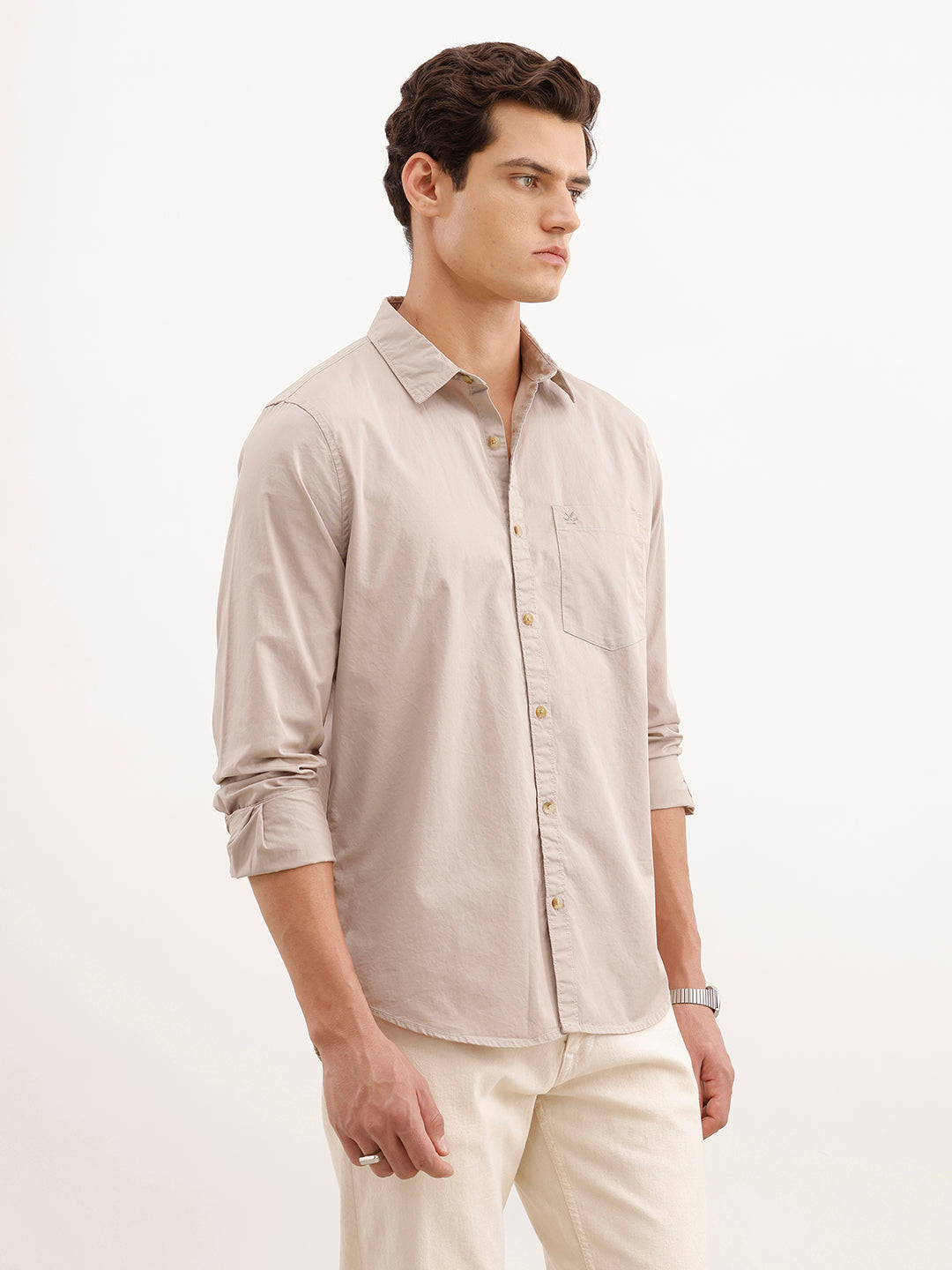 Solid Regular Fit 100% Cotton Shirt  | Beige