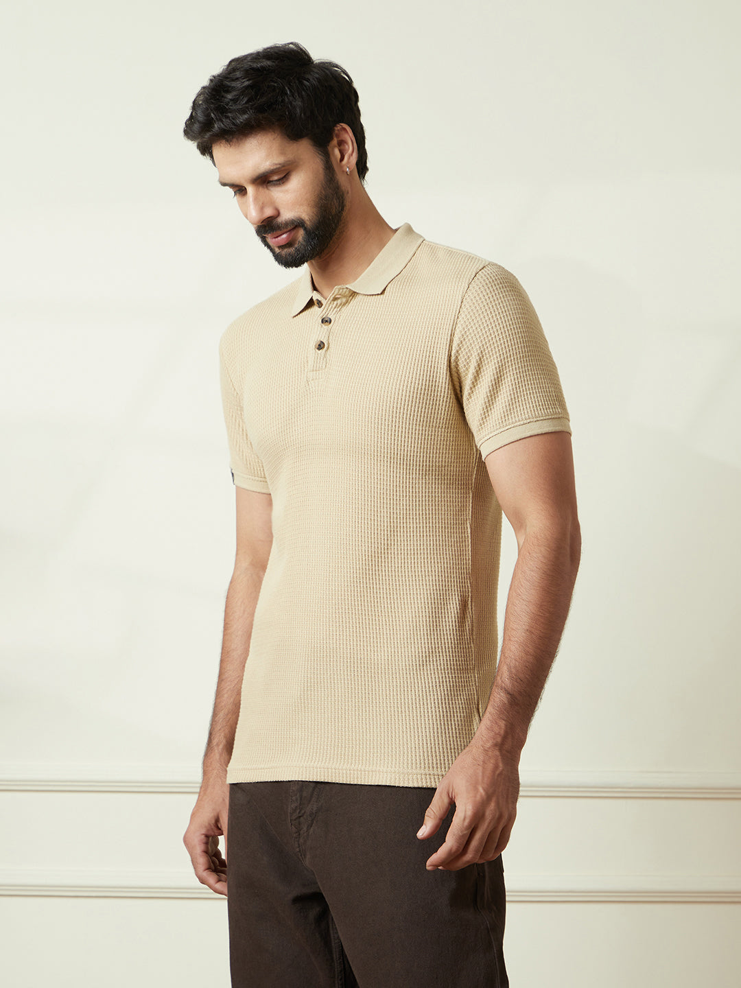 Textured Slim Fit Polo T-Shirt in Beige