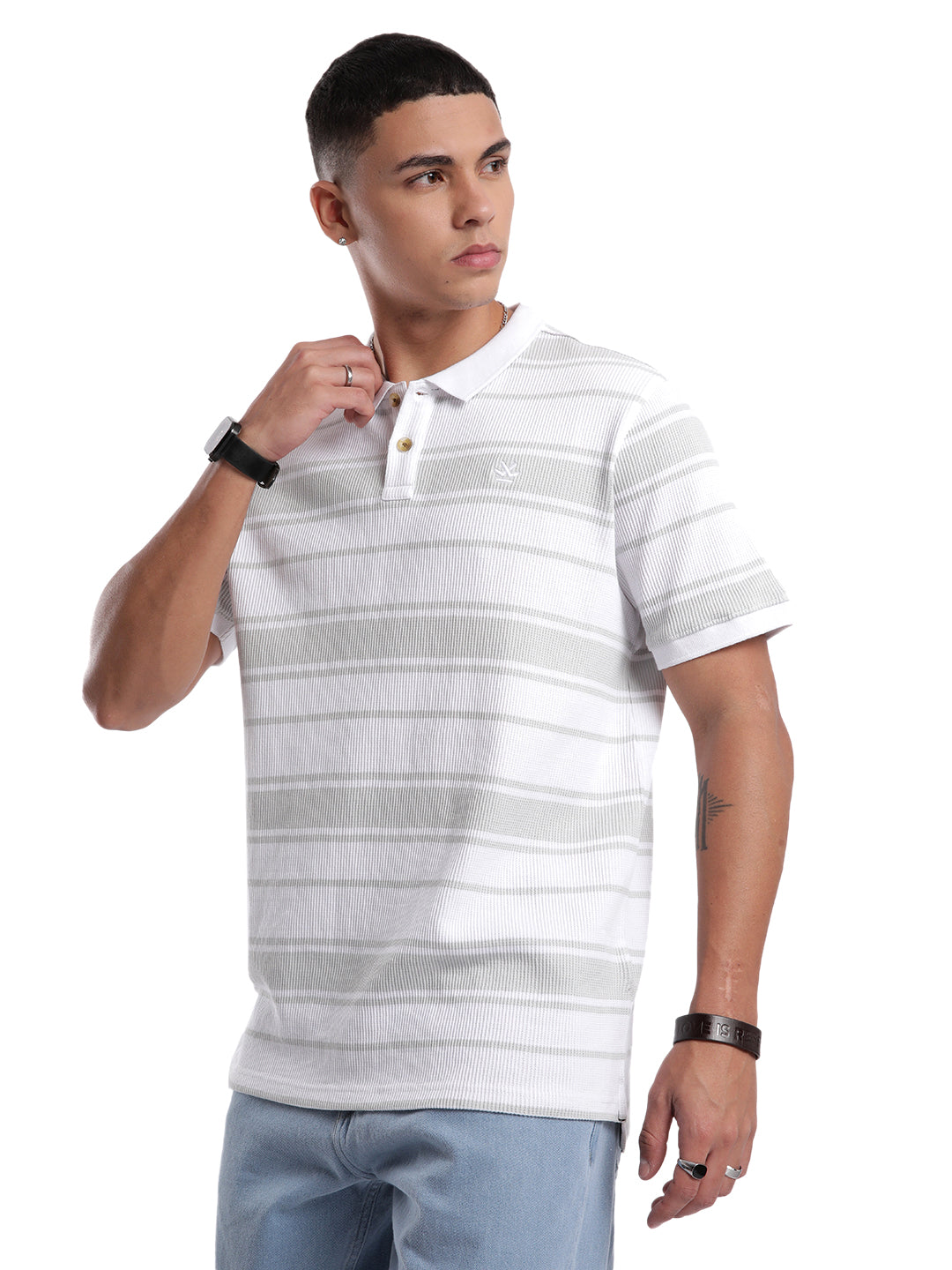 Textured White & Grey Polo T-Shirt