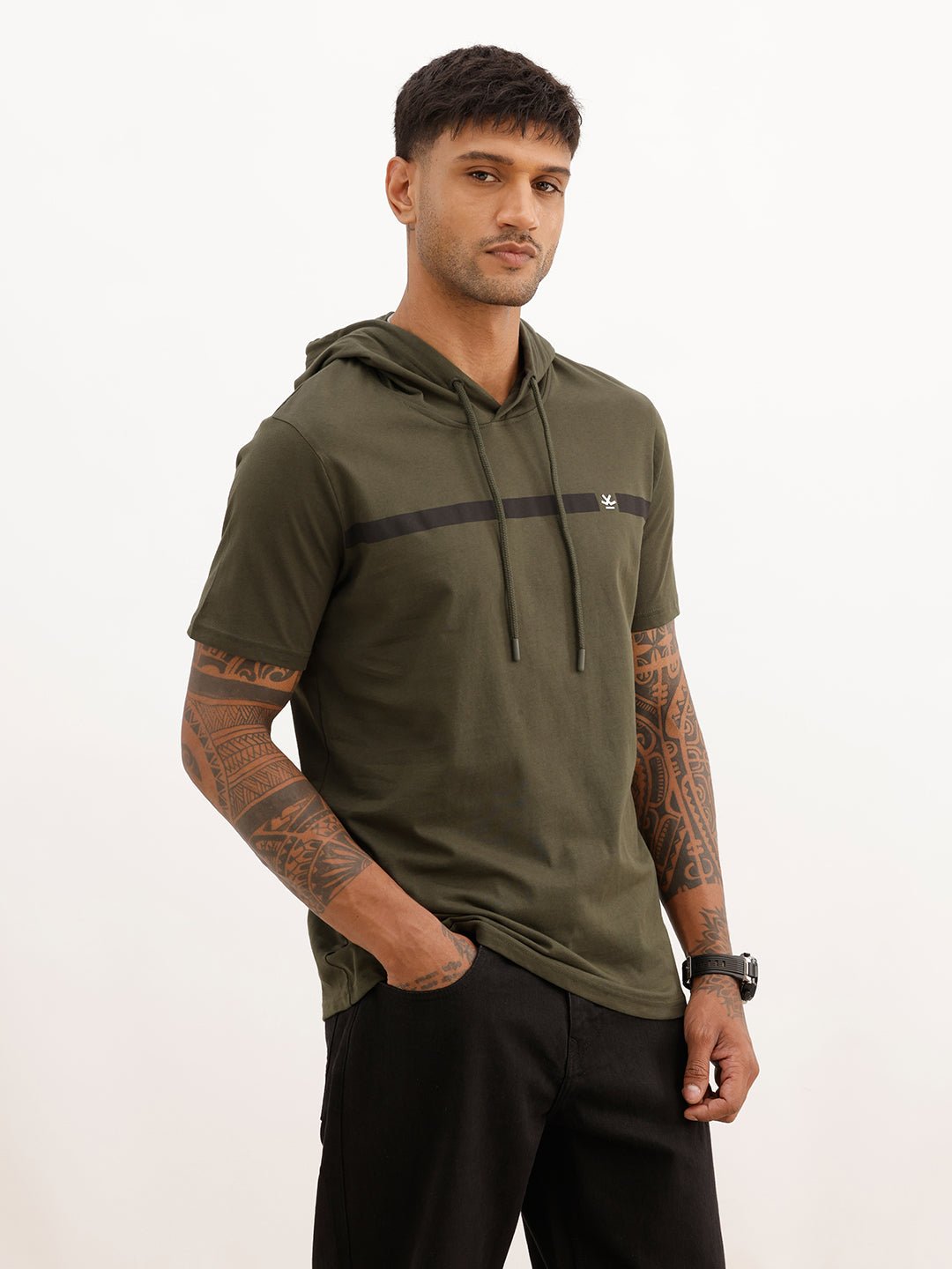 Slim Fit Half Sleeve Hooded T-Shirt | Dark Green