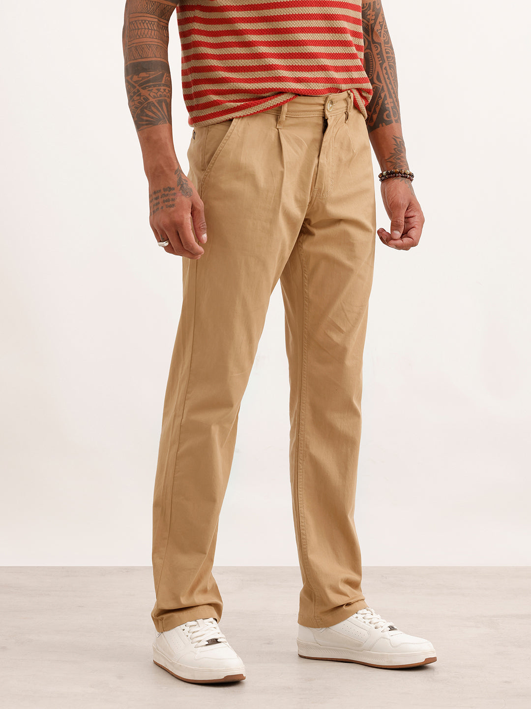 Solid Straight Fit Pleated Trouser | Khaki