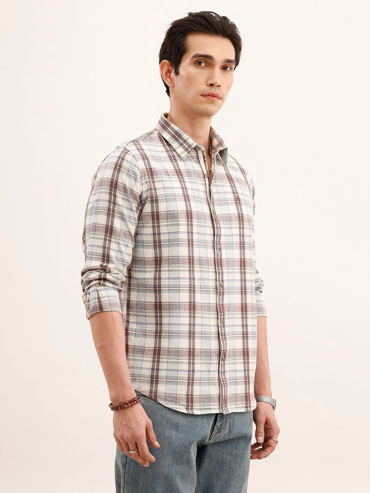 Slim Fit Checkered Linen Shirt | Brown