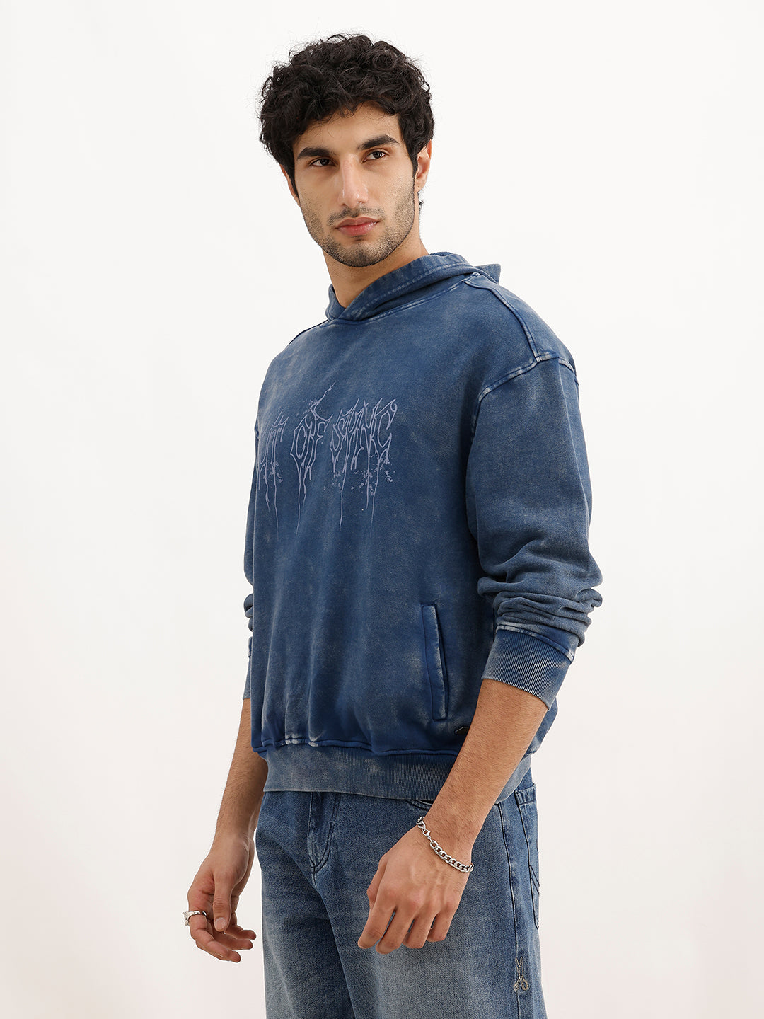 Washed Oversized Placement Printed Hooded Sweatshirt | Blue