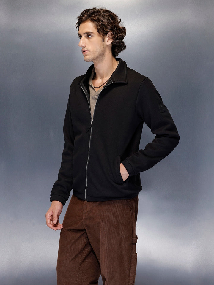 Men’s slim-fit textured high-neck jacket | Black