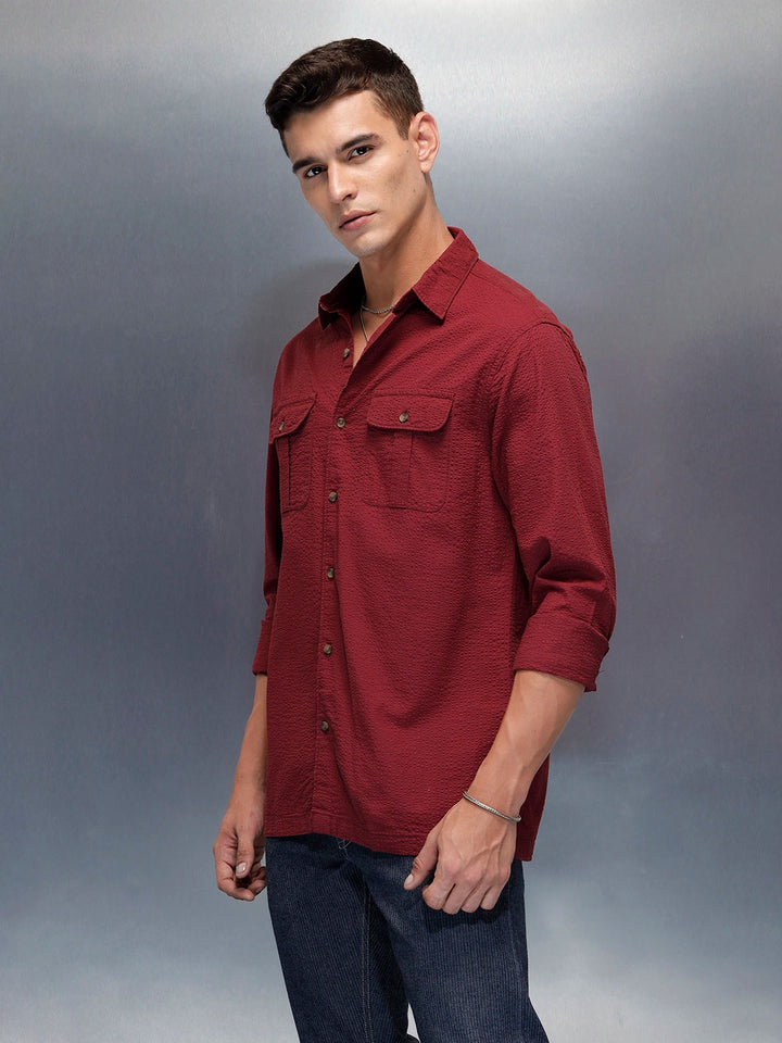 Textured Men's Casual Regualr Fit Shirt | Maroon