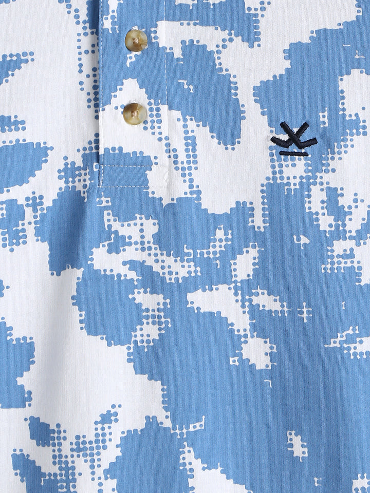 Abstract Floral Printed Polo T-Shirt | Blue & White