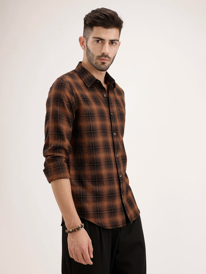 Classic Slim Fit Checkered Shirt | Brown