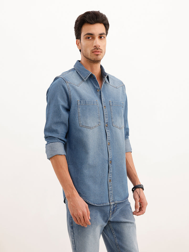 Indigo Washed Casual Regualr Fit Denim Shirt | Blue