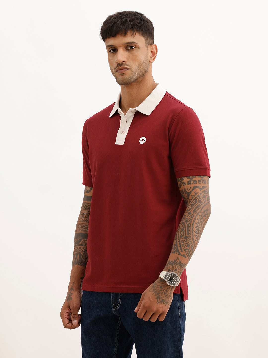 Solid Contrast Collar Polo T-Shirt | Maroon | WWTS273F