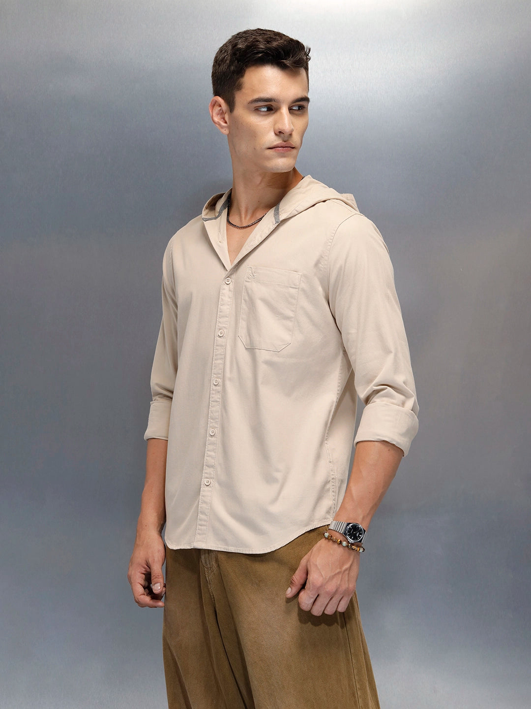 Men's Slim Fit Casual Hooded Shirt | Brown