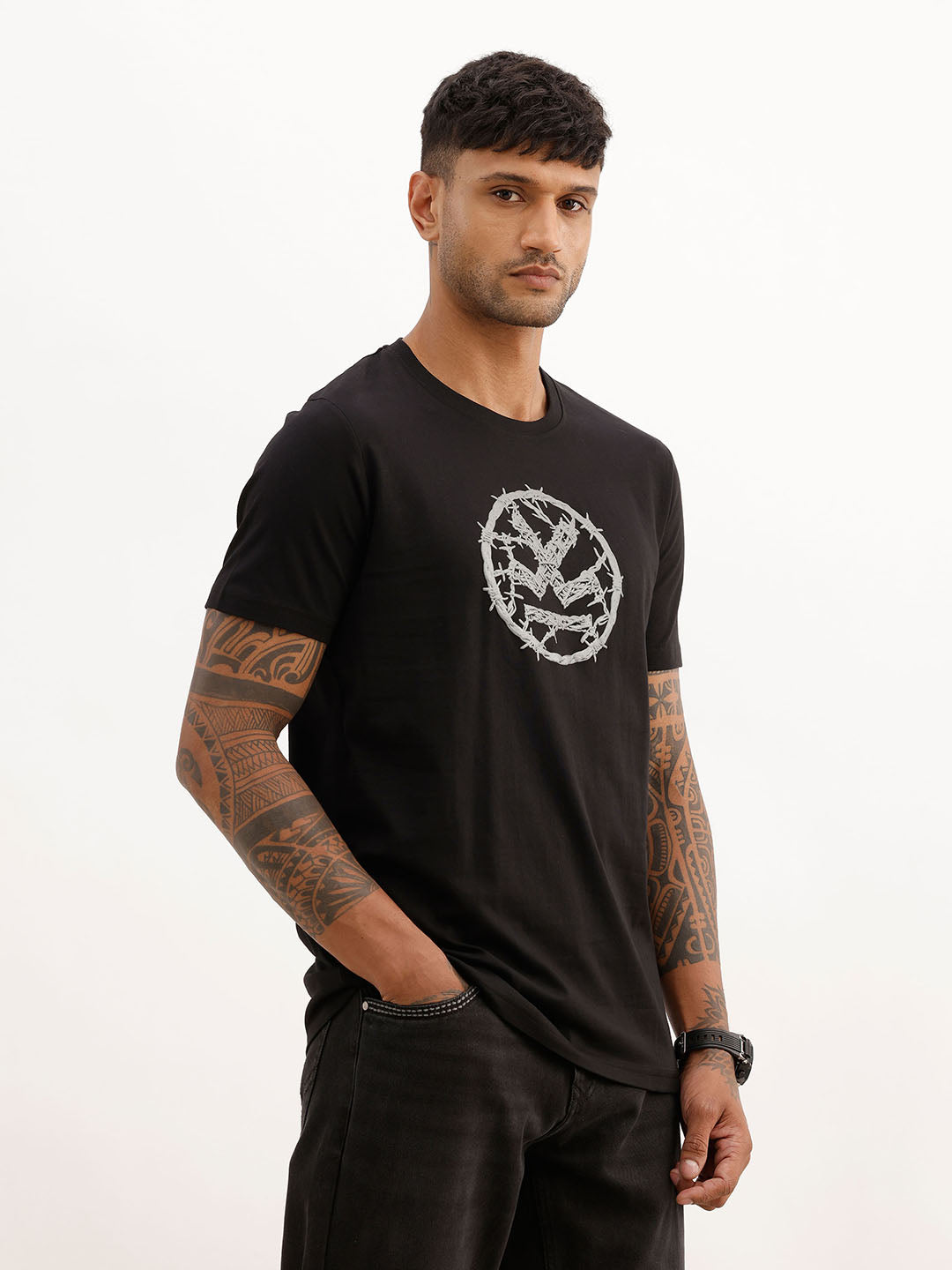 Slim Fit Placement Puffer Printed T-Shirt | Black