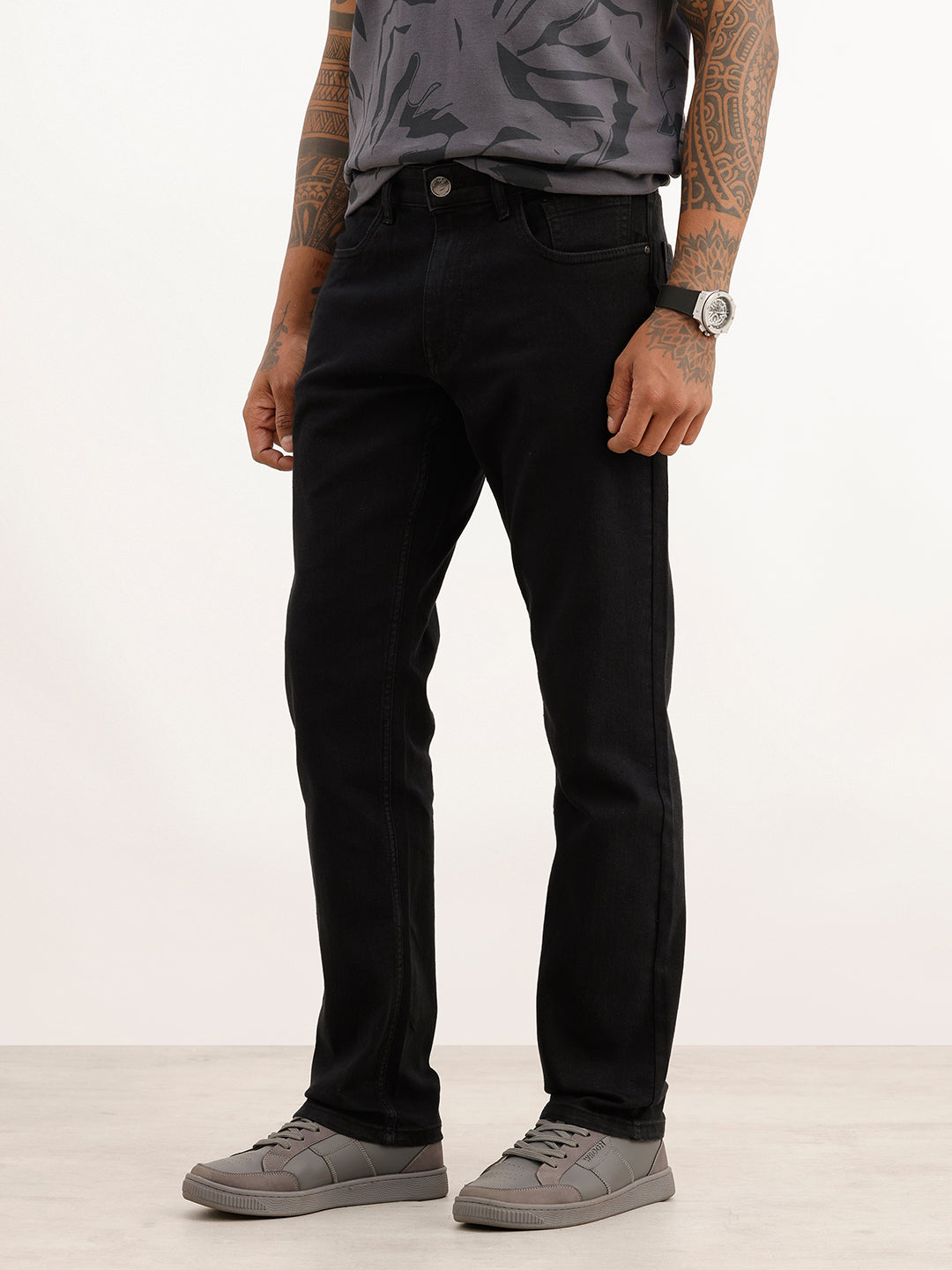 Solid Straight Fit Denim Jeans | Black