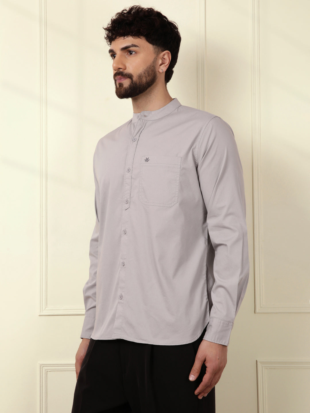 Grey Oxford Mandarin Collar Shirt – Wrogn - Main Image