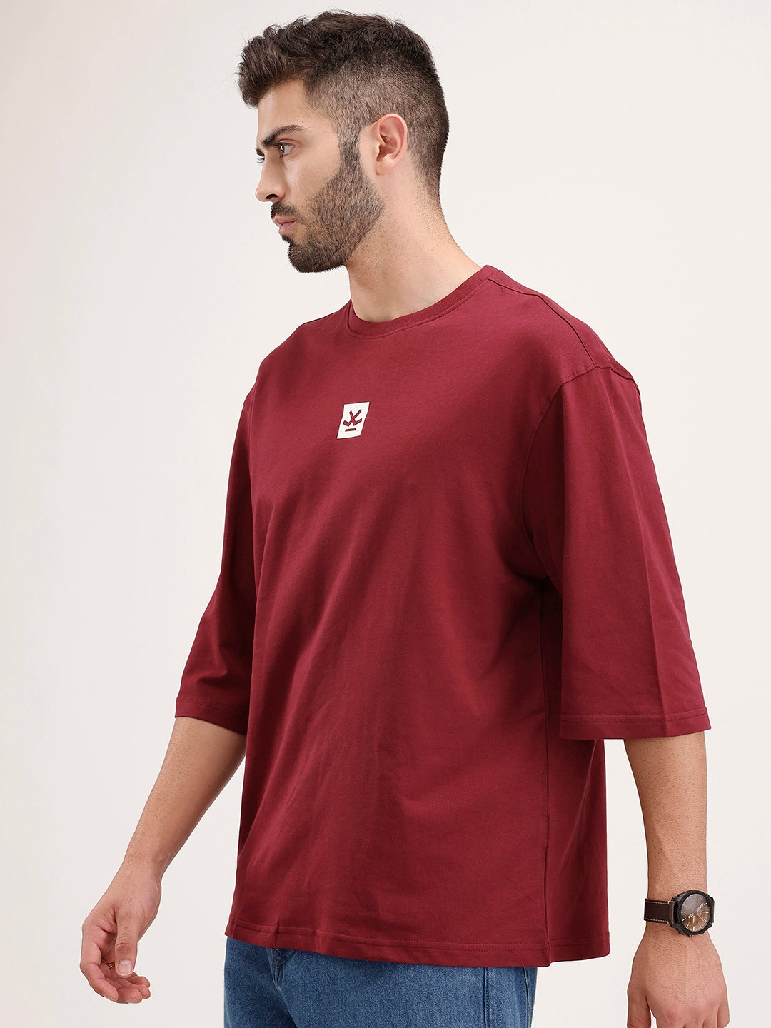 Solid Oversized 3/4 Sleeve T-Shirt | Maroon