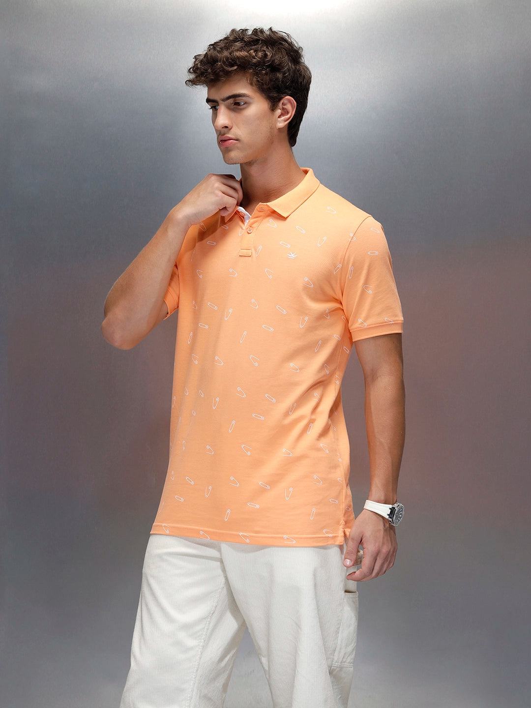 Wrogn Men's Casual All-Over-Printed Polo T-shirt | Orange