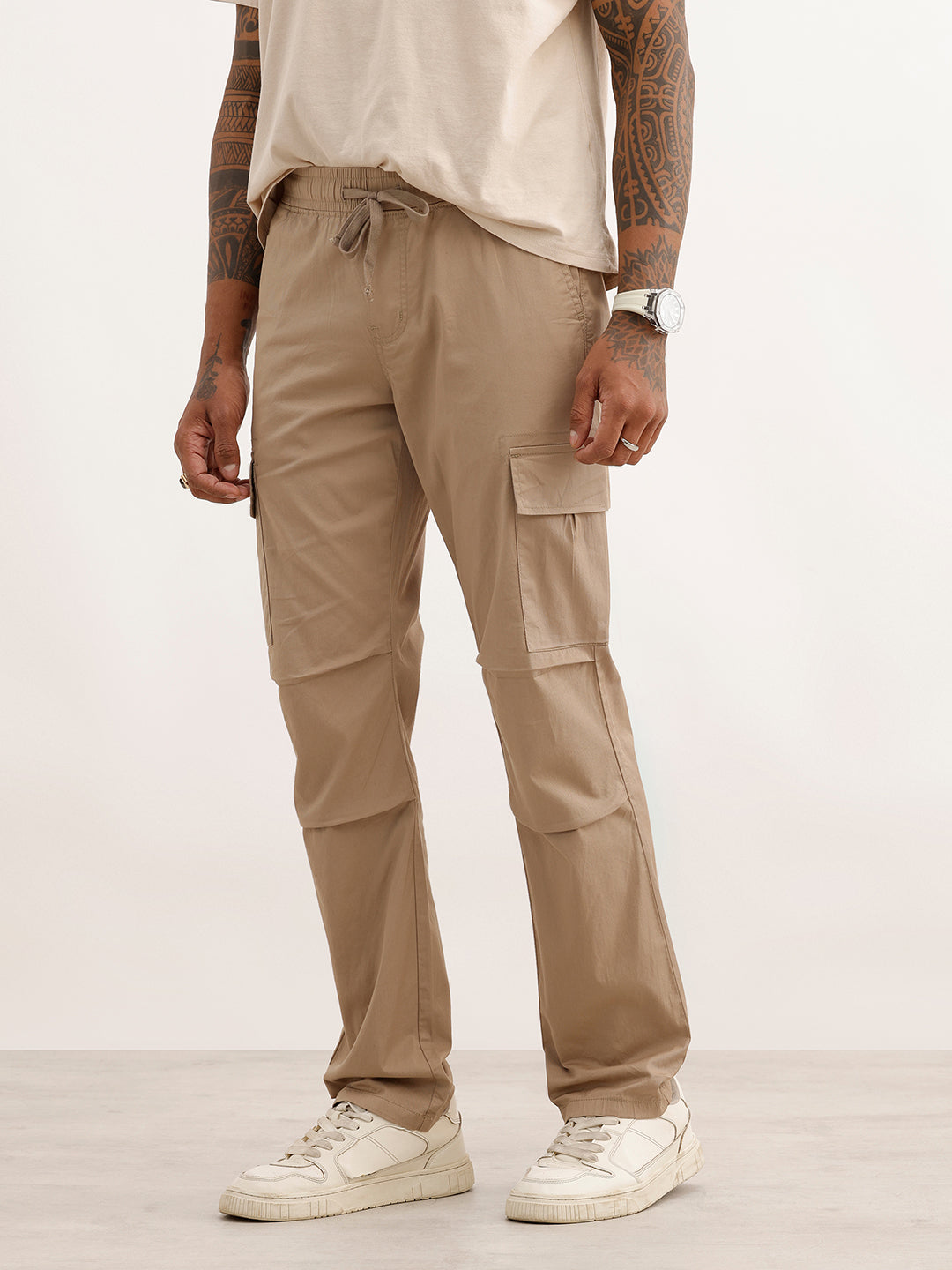 Solid Straight Fit Cargo Trouser | Khaki