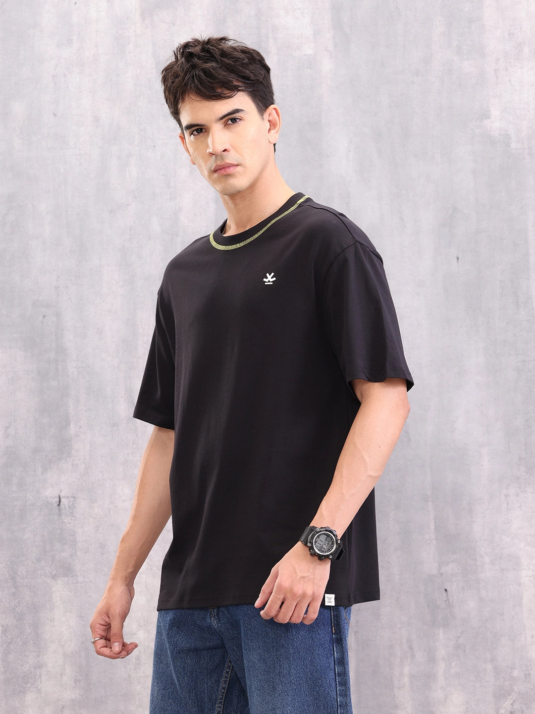 Contrast Flat Lock Detail Oversized Fit T-shirt | Black
