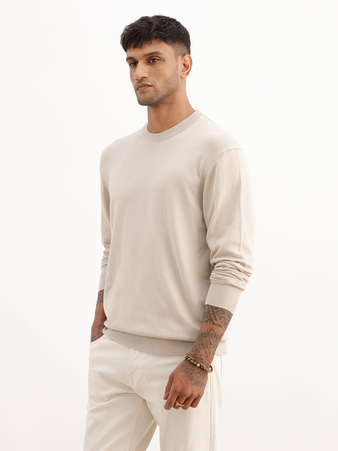 Solid Comfort Fit Full Sleeve Sweater | Beige