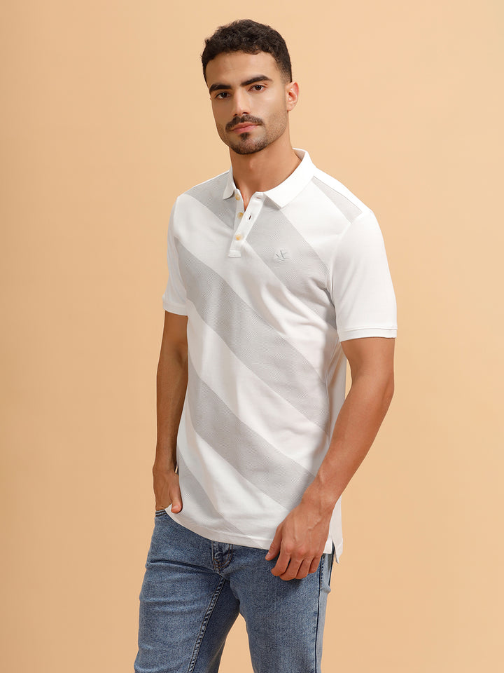 Angular Stripes Slim Fit Polo T-Shirt | White