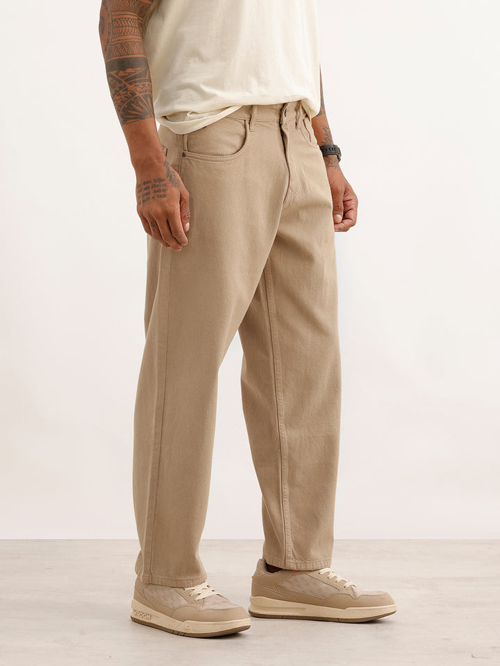Solid Loose Fit Denim Jeans | Khaki