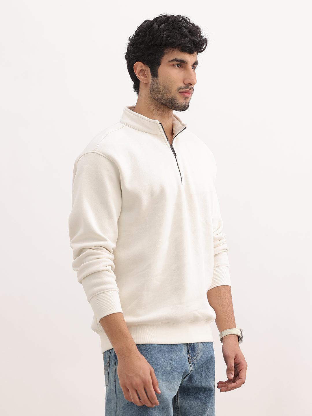Solid Regular Quater Zipper Sweatshirt | Off White