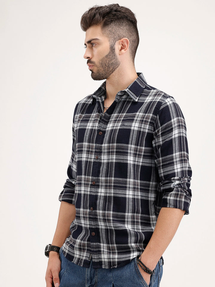 Regular Fit Textured Checkered Shirt | Navy Blue