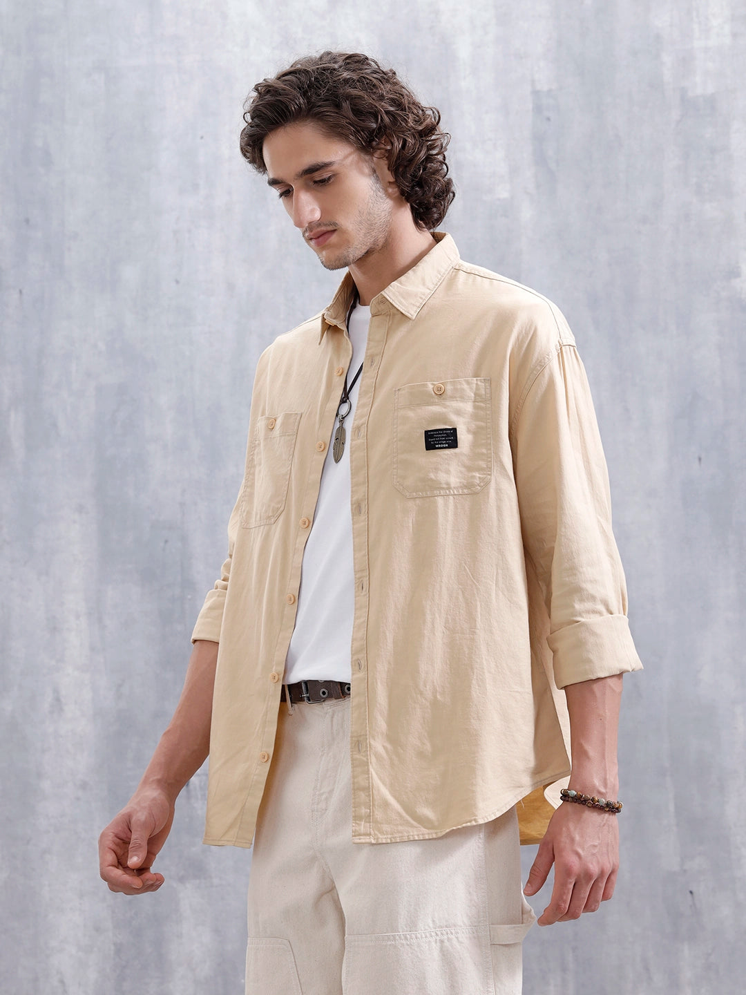 Oversized Fit Double Pocket Solid Shirt | Beige