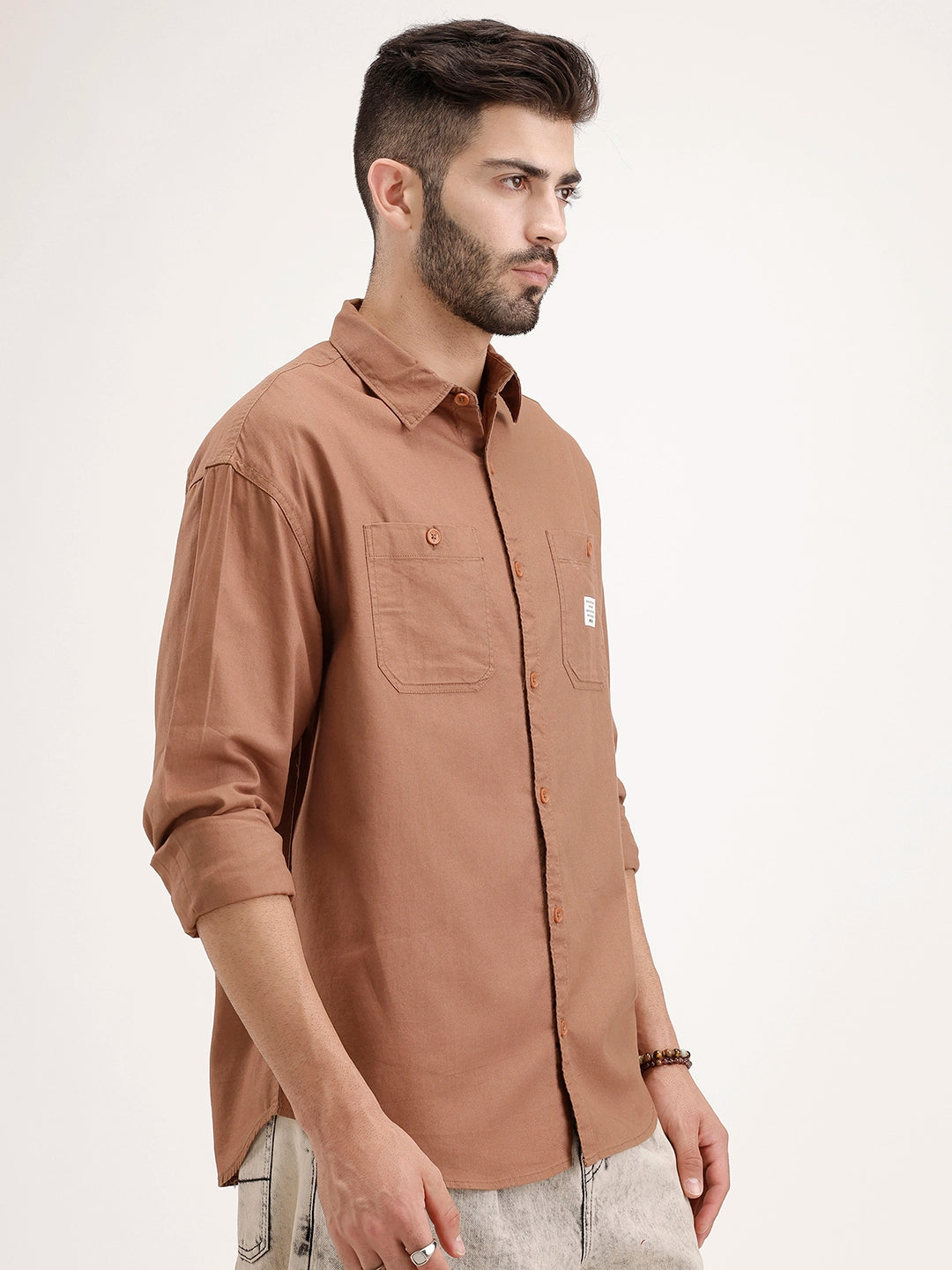 Oversized Solid Double Pocket Shirt | Khaki