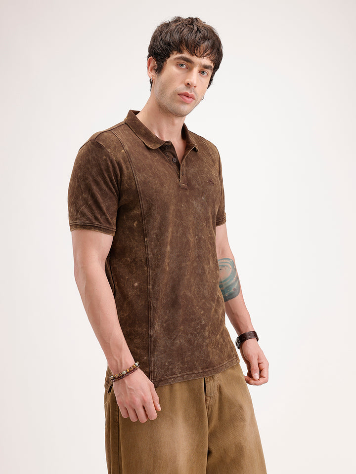 Slim Fit Washed Cut & Sew Polo T-Shirt | Brown