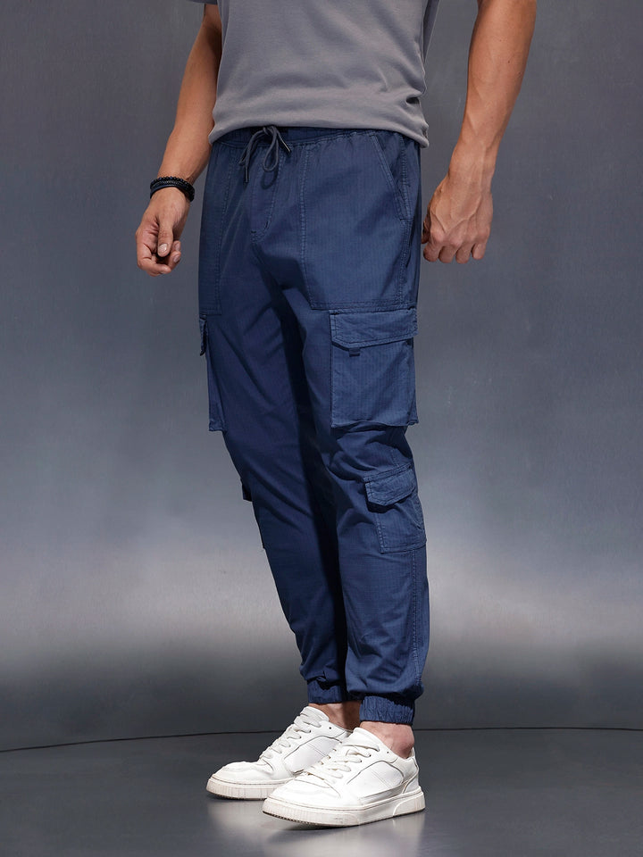 Men's casual Slim fit trousers with mutiple utility pockets | Navy Blue
