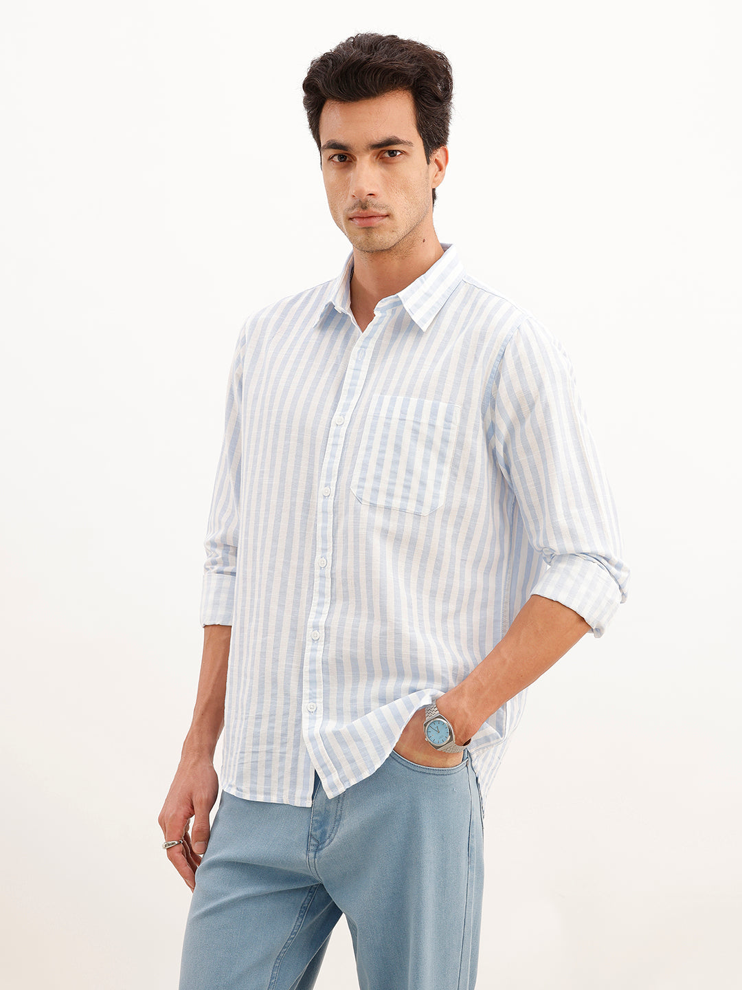 Regular Fit Full Sleeve Striped Shirt | Light Blue