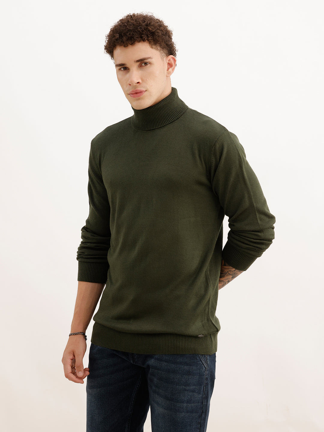Solid Regular Fit Turtle Neck Sweater | Olive | WSW02FSRE1063W