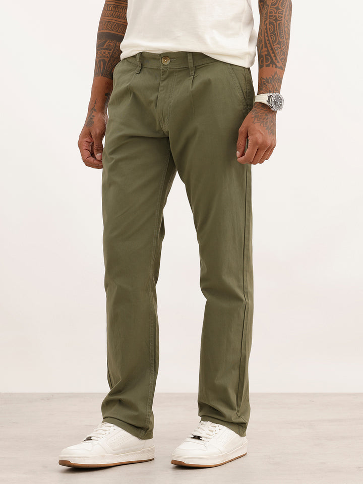 Solid Straight Fit Cotton Trouser | Olive