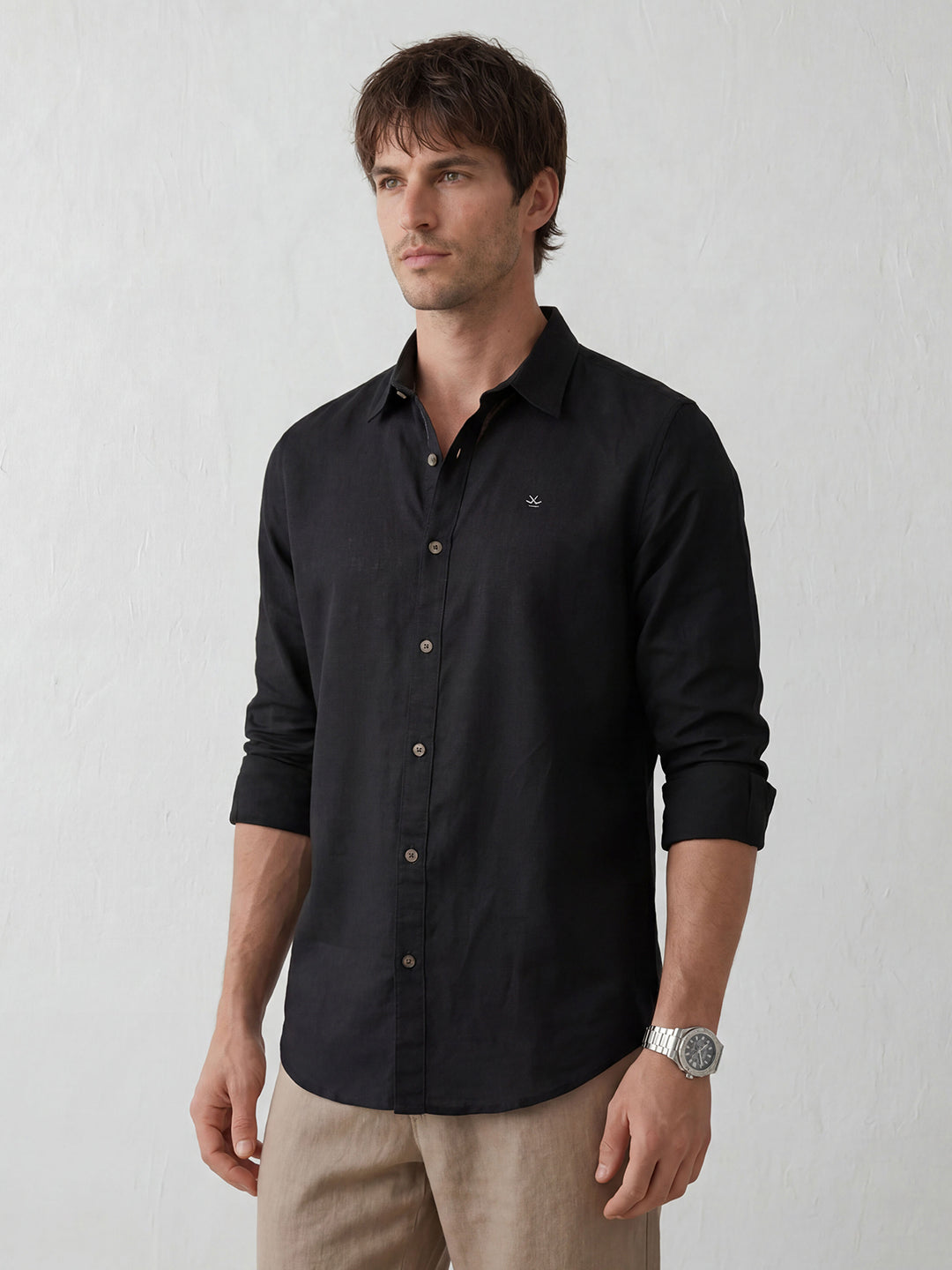 Linen Blend Slim Fit Shirt | Black