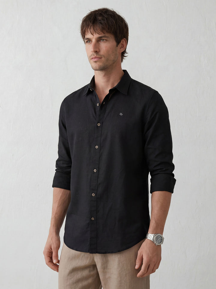 Linen Blend Slim Fit Shirt | Black