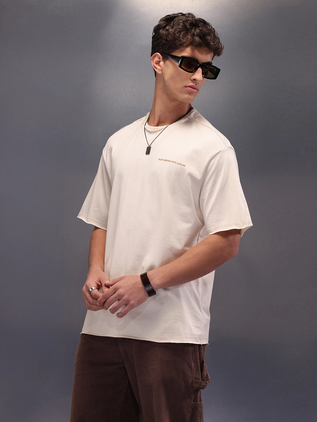 Raw Edge Printed T-Shirt | Beige