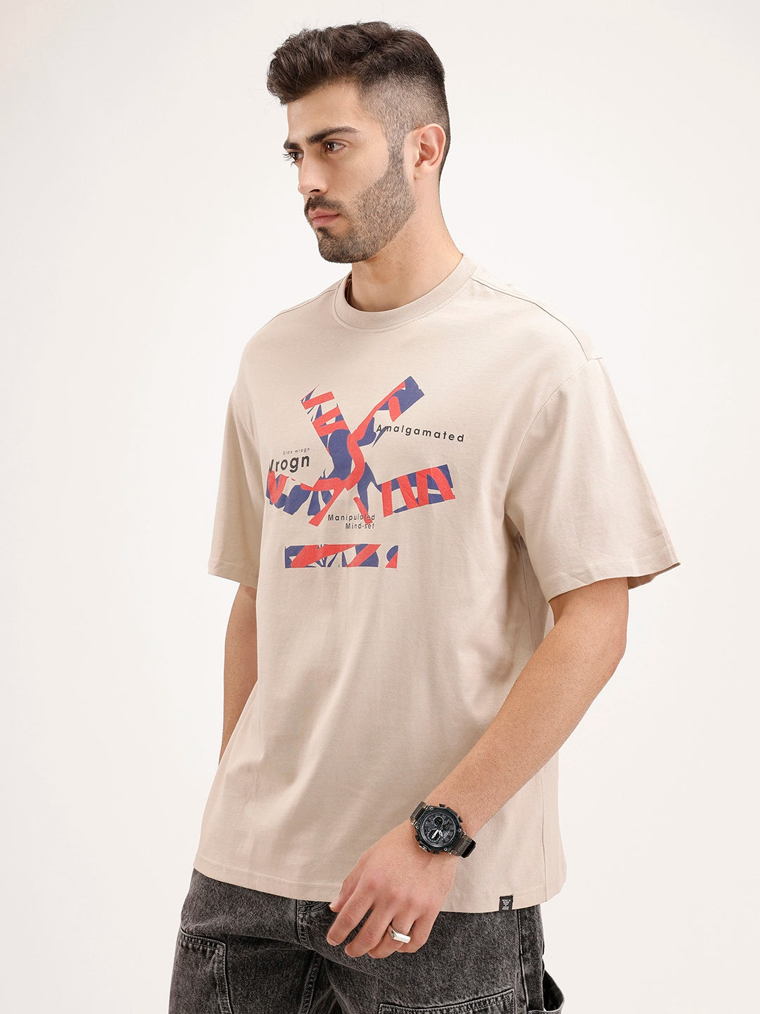 Oversized Placement Printed T-Shirt | Beige