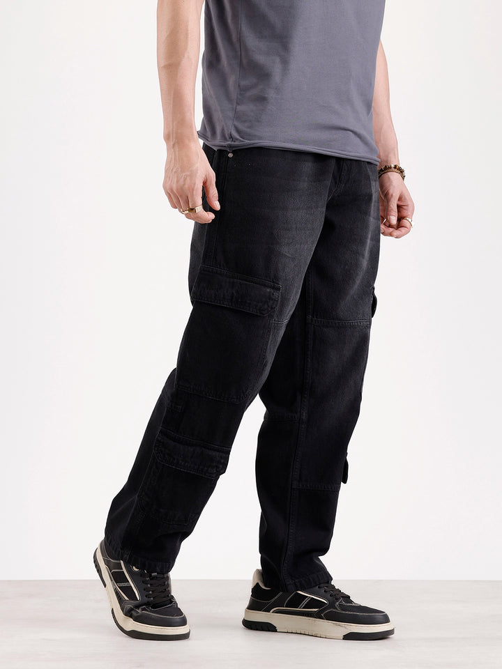 Washed Loose Fit Cargo Denim   |  Grey